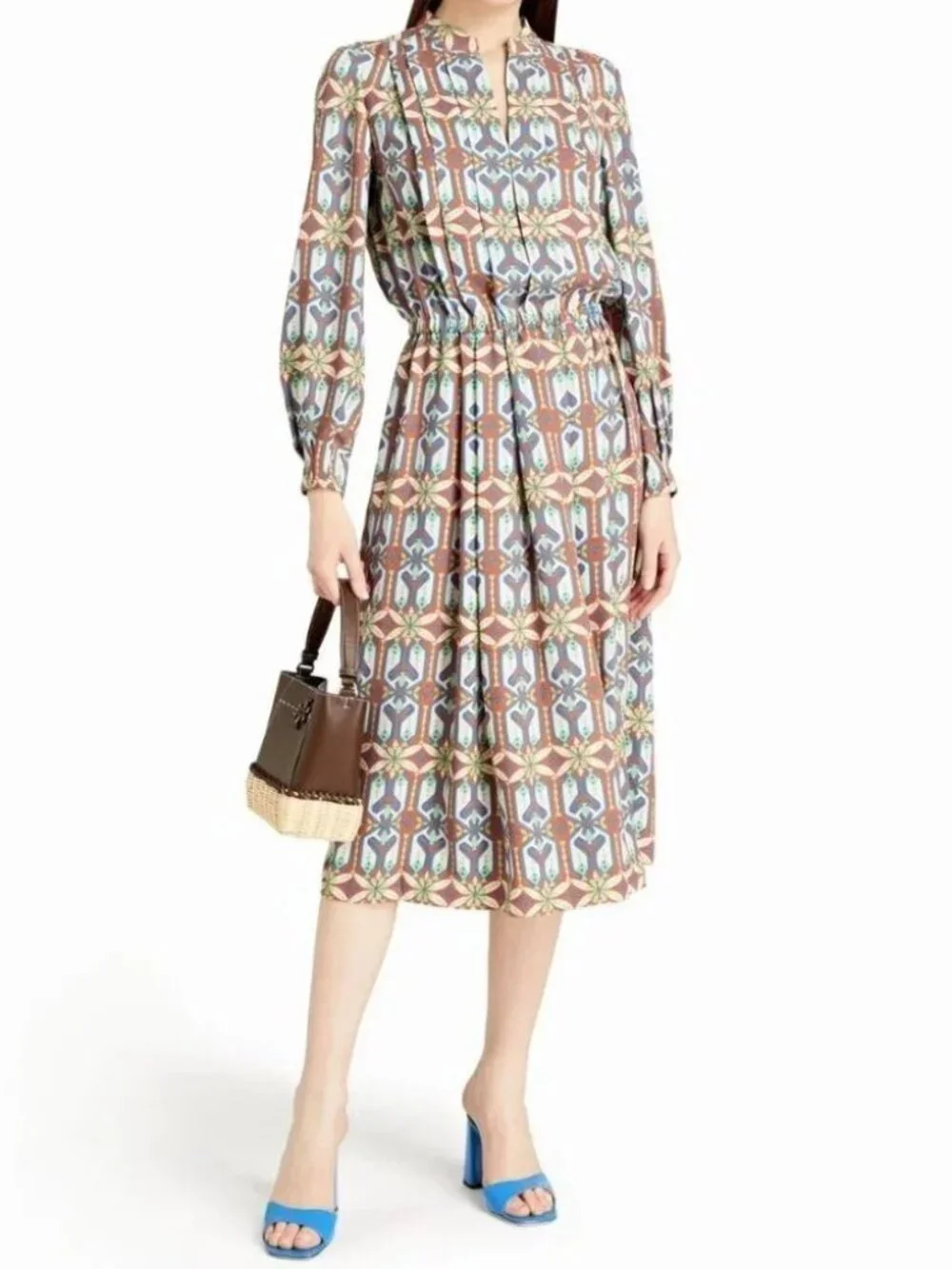 Tory Burch Garden Maze Geometric Print Pleated Shirt Dress